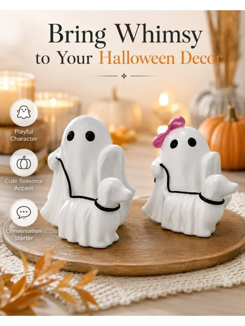 Ghost Walking Dog Halloween Figurine Cute Pink Bow Spooky Home Décor Statues